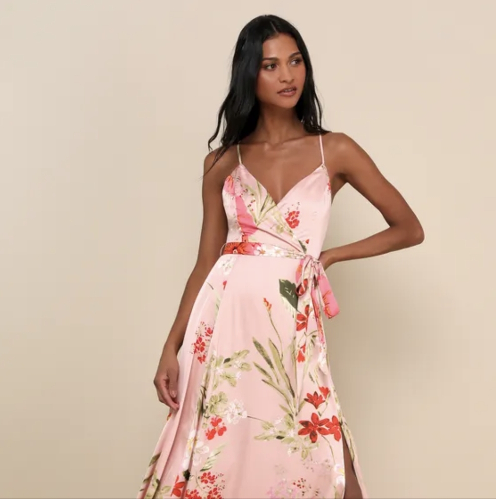 Lulus Still The One Blush Pink Floral Print Satin Maxi Dress - Size L - Picture 2 of 7